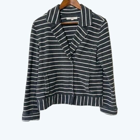 Ann Taylor Loft · Medium · Cotton Blazer · Snap Front Gray White Striped Jacket - Picture 2 of 9